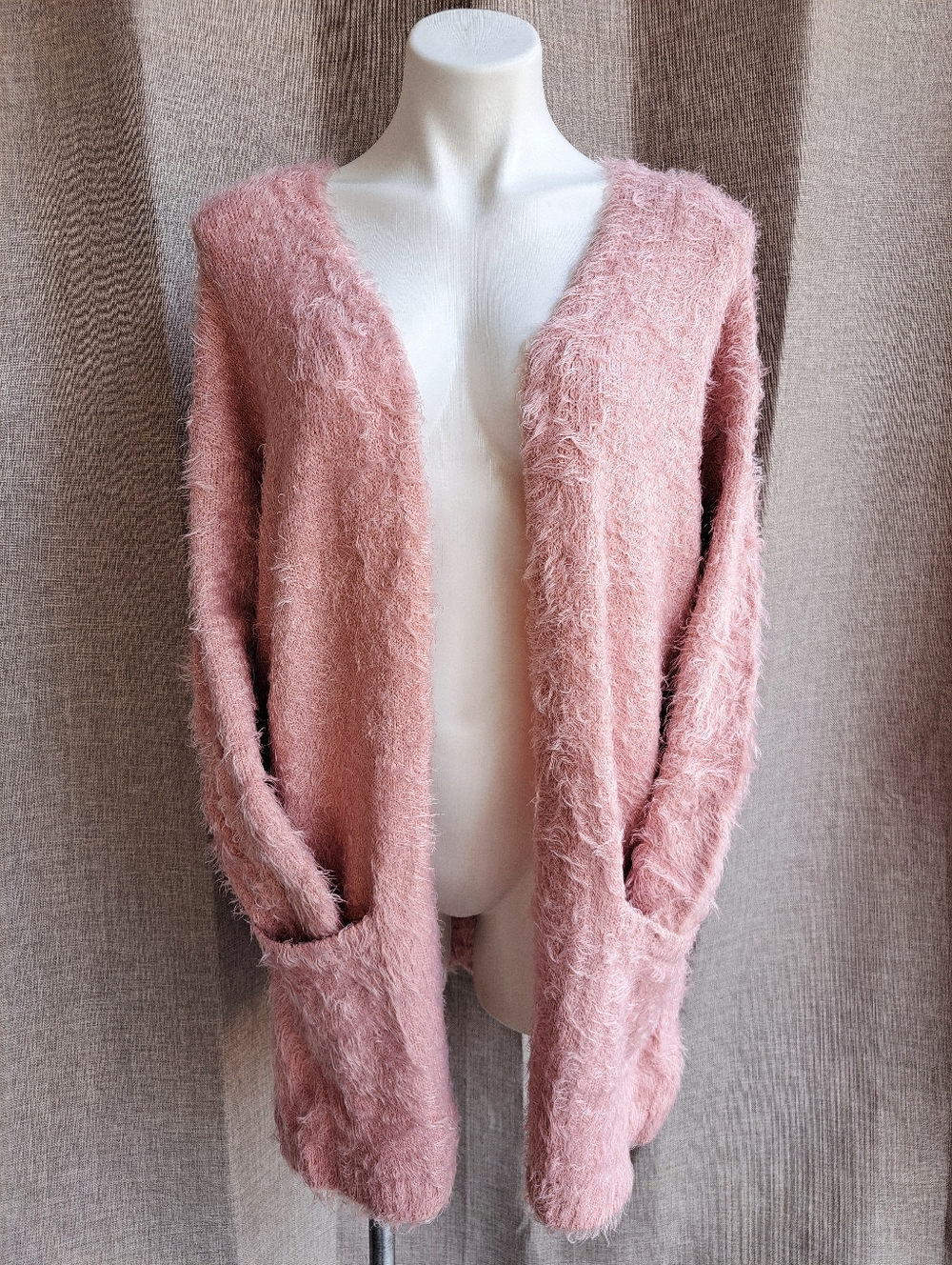 Chelsea & Theodore Soft Oversized Shaggy Eyelash Knit Open Cardigan Dusty Rose L